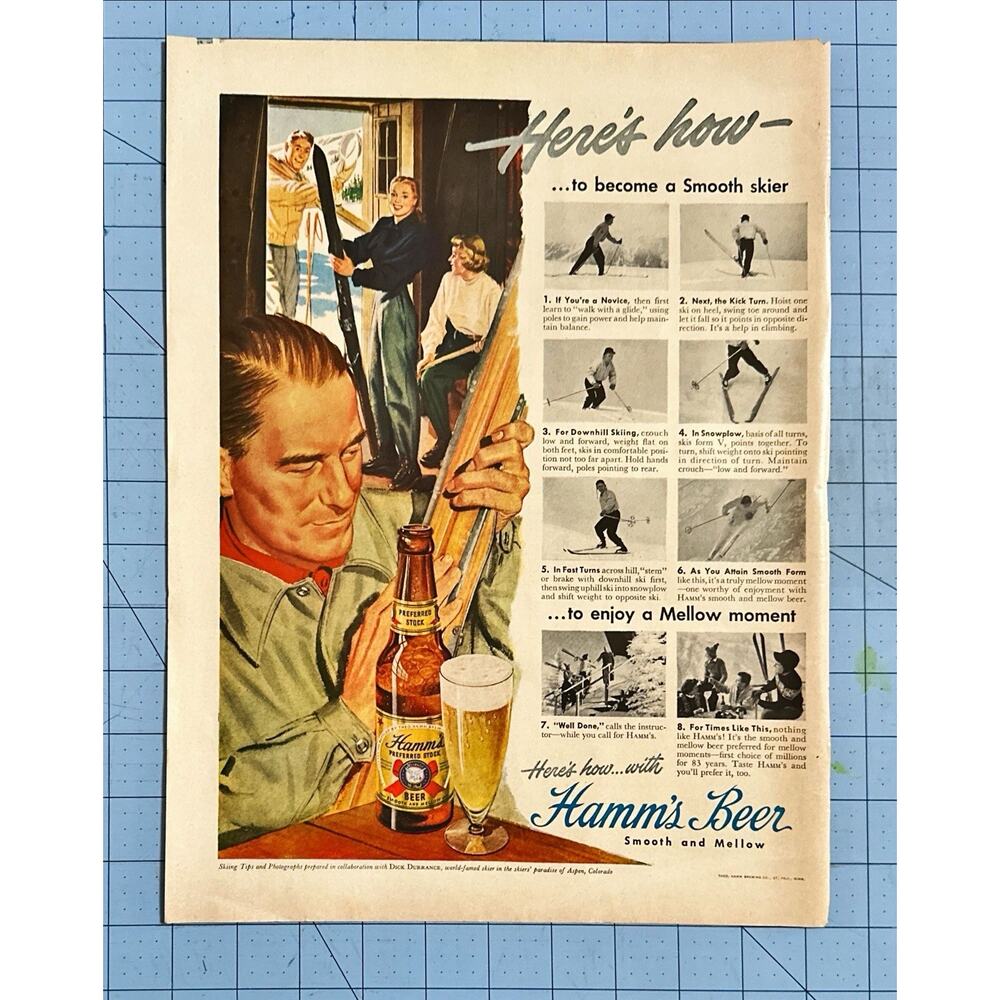 1949 Hamm's Beer Smooth & Mellow Skiers How to Ski Print Ad